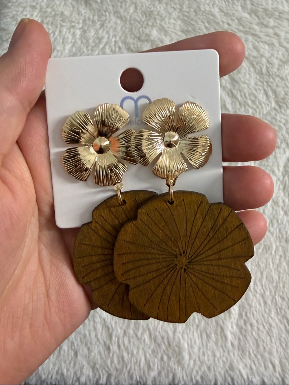 Gold Flower & Olive Wood Drop Earrings - Floral Statement